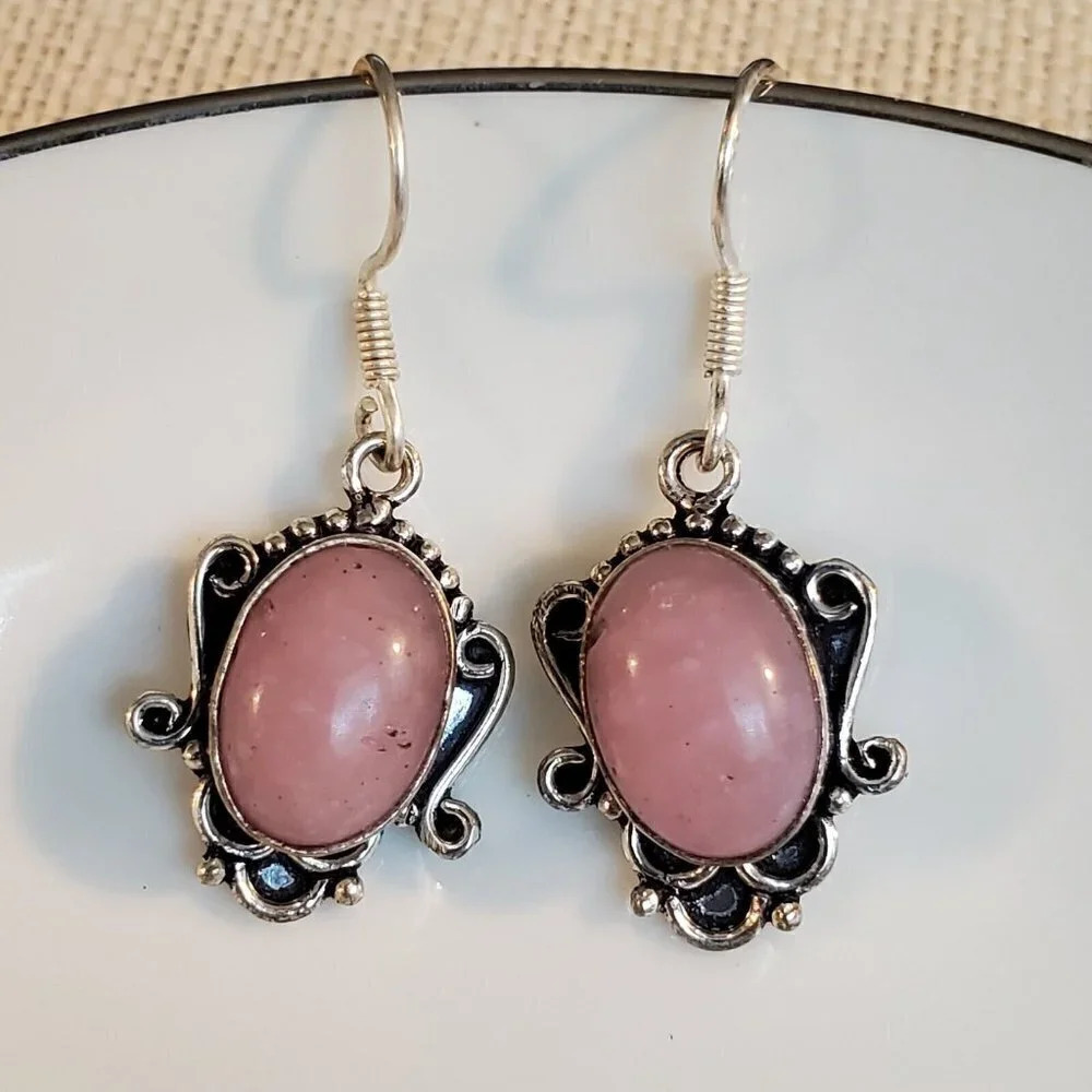 Artisan India Art Nouveau Scrolls Oval Stone 925 Sterling Silver Earrings - Picture 6 of 6